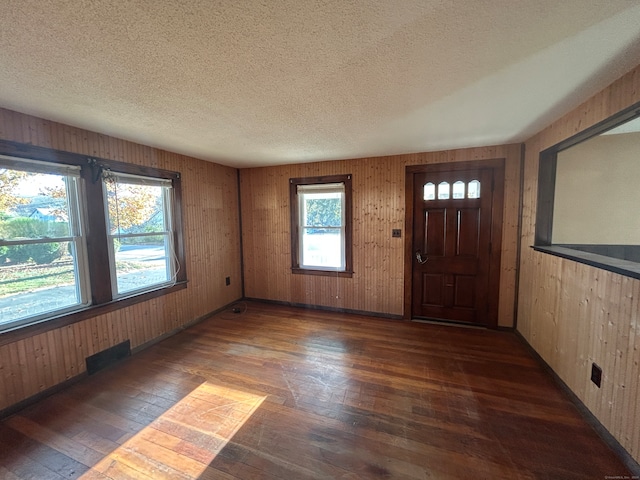 entryway featuring wood walls, a healthy amount of sunlight, and dark hardwood / wood-style floors