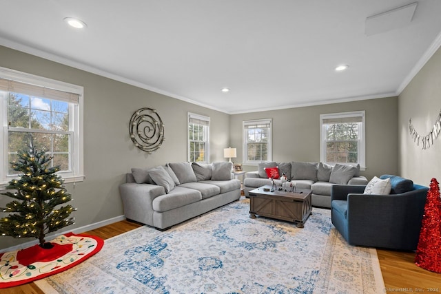 living room featuring light hardwood / wood-style flooring and crown molding