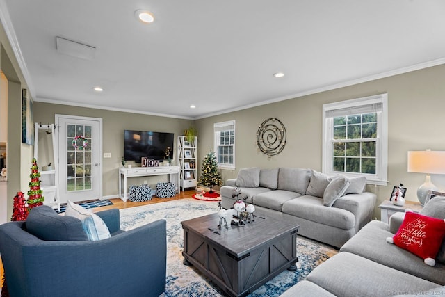 living room featuring hardwood / wood-style floors and ornamental molding