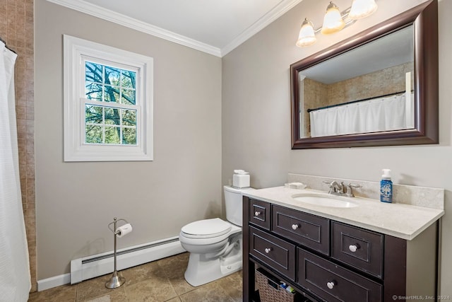 bathroom with vanity, baseboard heating, crown molding, tile patterned flooring, and toilet