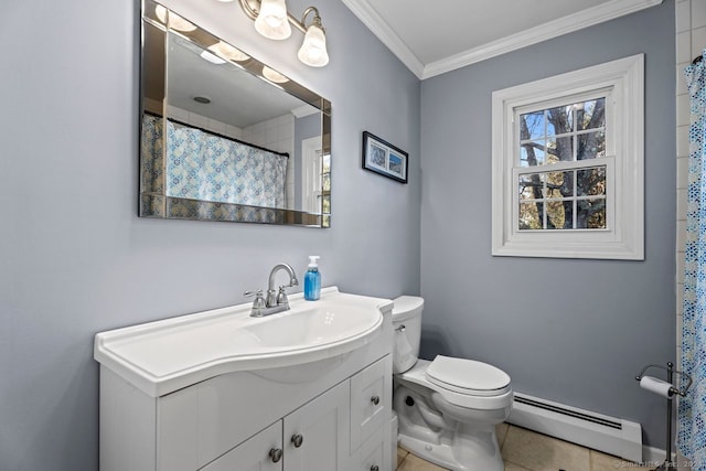 bathroom with ornamental molding, vanity, a baseboard radiator, tile patterned flooring, and toilet