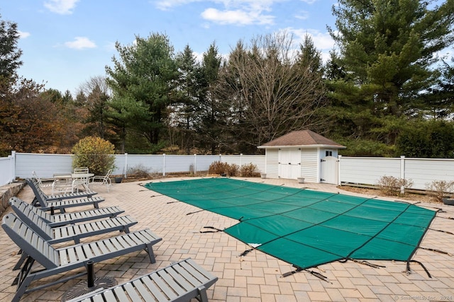 view of pool with a storage unit and a patio area