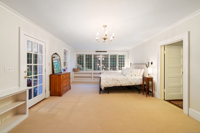 bedroom with light carpet, a chandelier, and ornamental molding