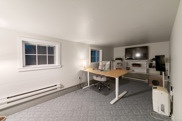 carpeted office featuring a baseboard radiator