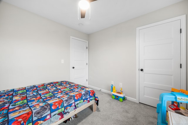 bedroom featuring carpet flooring and ceiling fan