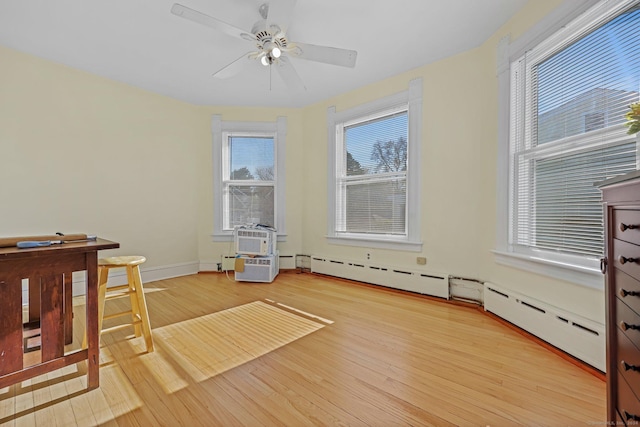 bedroom with ceiling fan and light hardwood / wood-style floors