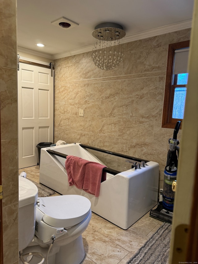 bathroom featuring tile walls and crown molding