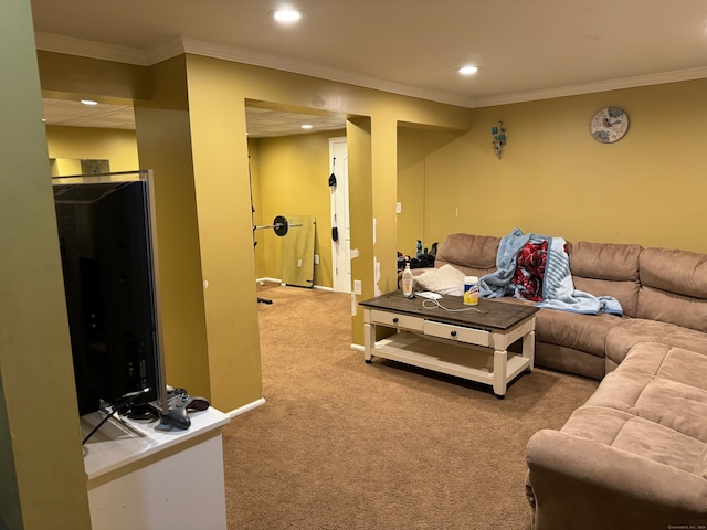 carpeted living room featuring ornamental molding