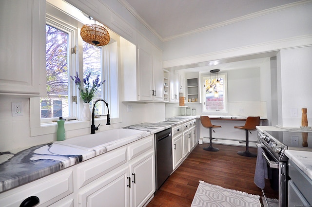 kitchen with white cabinets, dark hardwood / wood-style floors, ornamental molding, decorative light fixtures, and stainless steel appliances