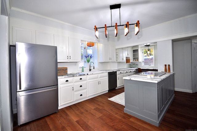 kitchen with white cabinetry, a center island, dark wood-type flooring, black dishwasher, and stainless steel fridge