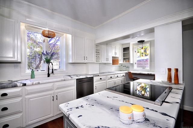 kitchen with dark hardwood / wood-style flooring, sink, dishwasher, white cabinets, and hanging light fixtures