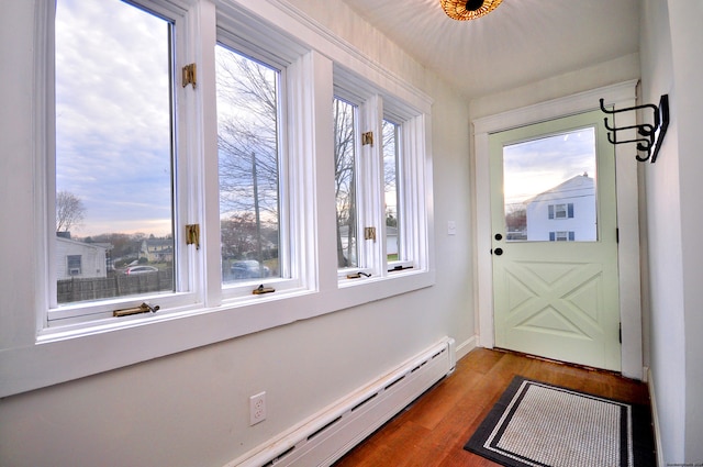 doorway featuring hardwood / wood-style floors, a healthy amount of sunlight, and a baseboard heating unit