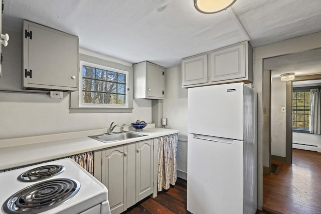 kitchen with stove, dark wood-type flooring, white refrigerator, sink, and plenty of natural light