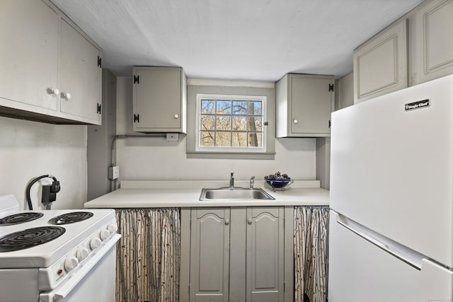 kitchen with gray cabinets, white appliances, and sink