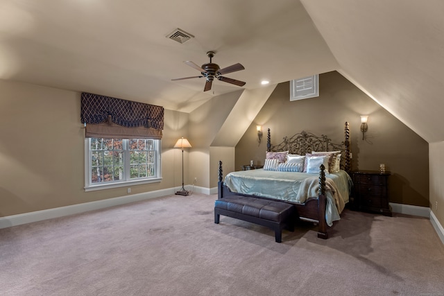 carpeted bedroom with ceiling fan and lofted ceiling