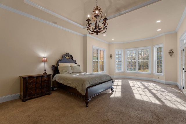 carpeted bedroom with an inviting chandelier and ornamental molding