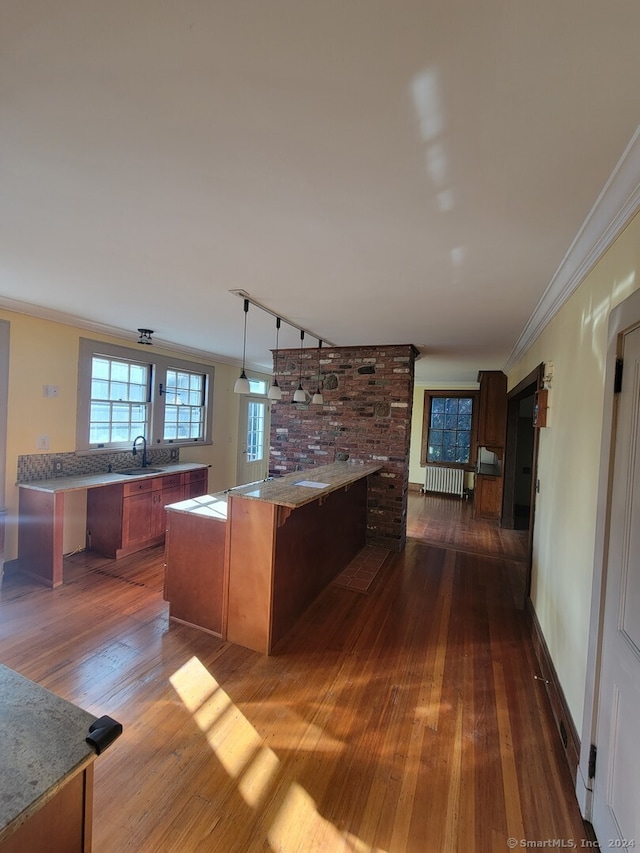 kitchen featuring a large island, radiator heating unit, hanging light fixtures, and dark hardwood / wood-style floors