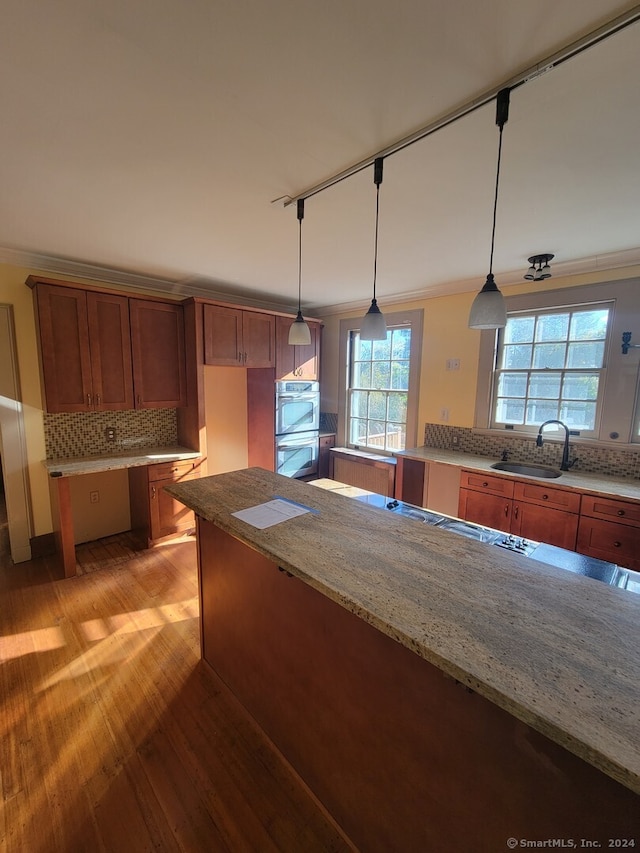 kitchen with stainless steel oven, hanging light fixtures, a wealth of natural light, and light hardwood / wood-style flooring