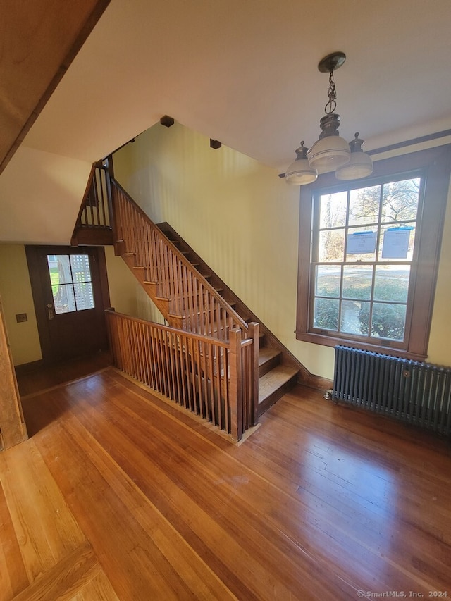 staircase featuring radiator and wood-type flooring