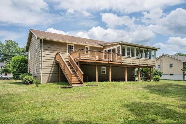 45 Wentworth Dr, East Hartford, CT 06118 - back of house with a wooden deck, stairs, a lawn, and a sunroom