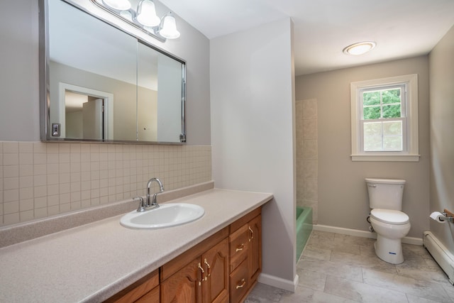 45 Wentworth Dr, East Hartford, CT 06118 - bathroom featuring a baseboard heating unit, vanity, tasteful backsplash, and  shower combination