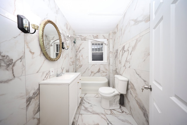 full bathroom featuring  shower combination, vanity, tile walls, and toilet