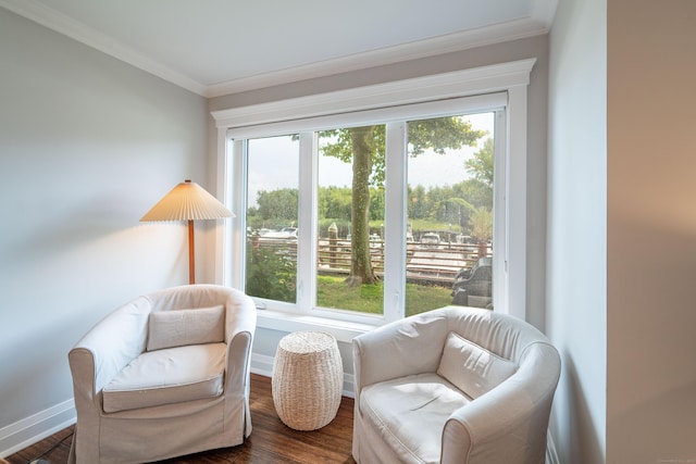 living area featuring a wealth of natural light, ornamental molding, and dark wood-type flooring