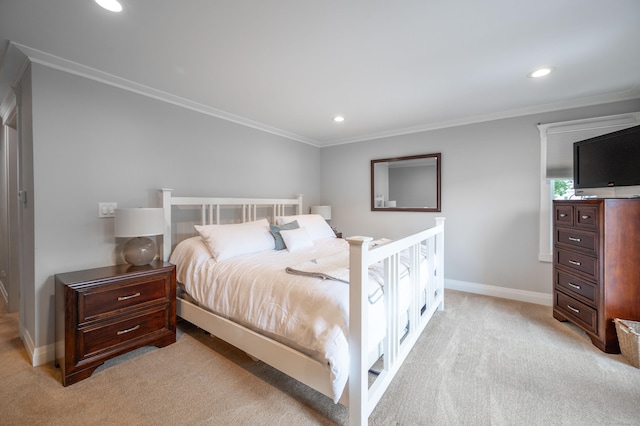 bedroom featuring ornamental molding and light carpet