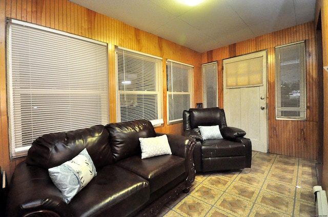 living room with wooden walls