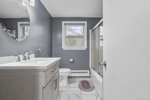 full bathroom with toilet, a baseboard radiator, vanity, and shower / bath combination with glass door