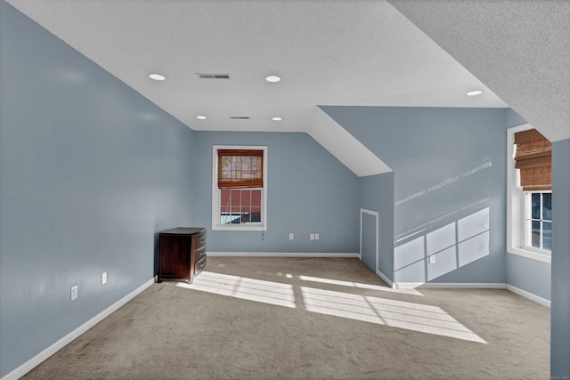 additional living space featuring a textured ceiling, light colored carpet, and vaulted ceiling