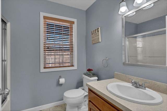 full bathroom featuring tile patterned flooring, vanity, combined bath / shower with glass door, and toilet