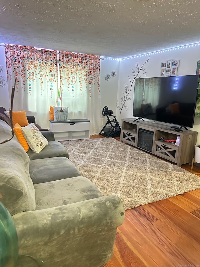 living room with hardwood / wood-style floors and a textured ceiling