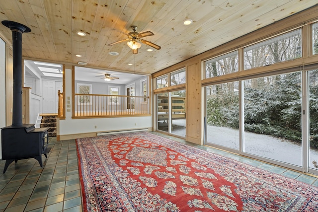 interior space with a baseboard radiator, a wood stove, ceiling fan, and wood ceiling