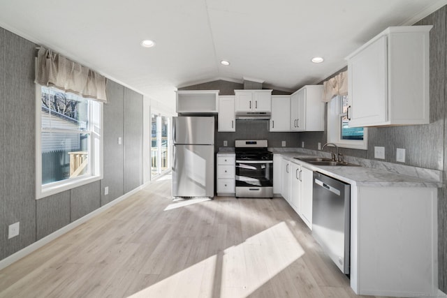 kitchen featuring stainless steel appliances, vaulted ceiling, plenty of natural light, and sink