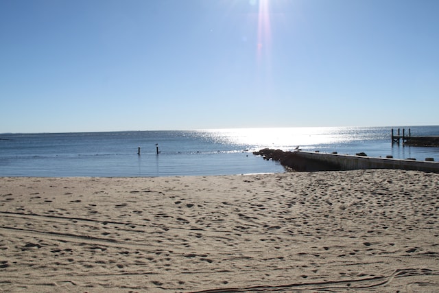 view of water feature with a beach view