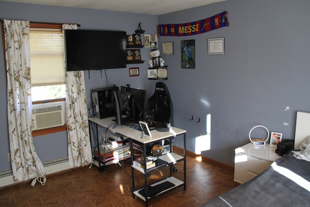 bedroom with dark parquet floors and cooling unit