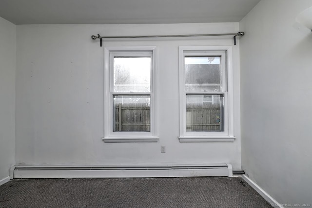 carpeted spare room with baseboard heating