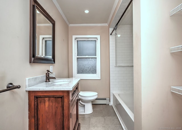 full bathroom featuring toilet, ornamental molding, vanity, tile patterned flooring, and a baseboard heating unit