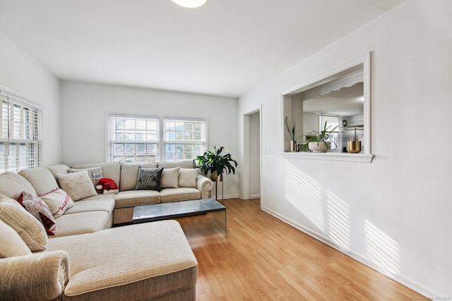 living room with light hardwood / wood-style flooring and a healthy amount of sunlight