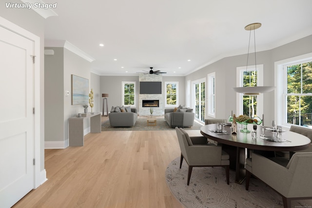 dining space featuring a fireplace, light hardwood / wood-style floors, ceiling fan, and crown molding