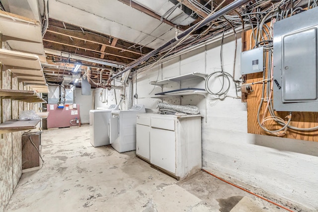 basement featuring washing machine and clothes dryer and electric panel