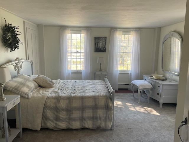 bedroom with dark carpet and multiple windows