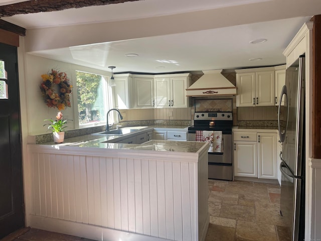 kitchen with custom exhaust hood, white cabinets, sink, kitchen peninsula, and stainless steel appliances