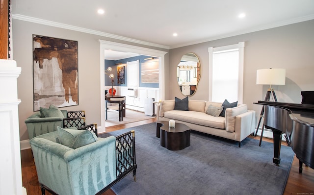 living room with crown molding and dark wood-type flooring