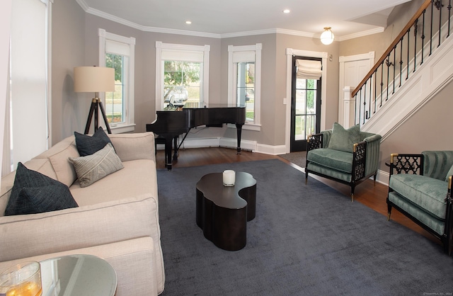 living room with crown molding and dark wood-type flooring