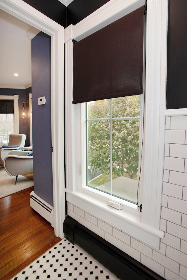 bathroom with baseboard heating, a wealth of natural light, and hardwood / wood-style floors