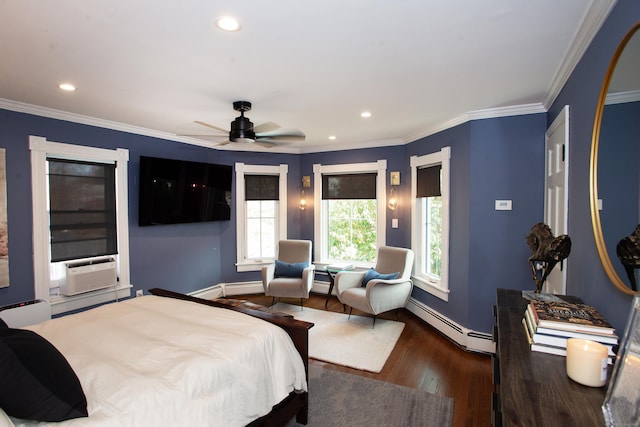 bedroom with cooling unit, ceiling fan, dark hardwood / wood-style floors, ornamental molding, and baseboard heating