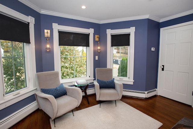 sitting room featuring dark hardwood / wood-style floors, crown molding, and a baseboard heating unit