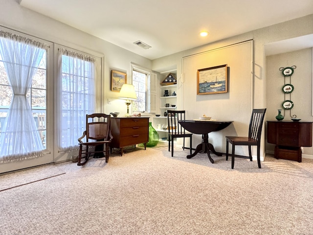 interior space featuring built in shelves and light colored carpet